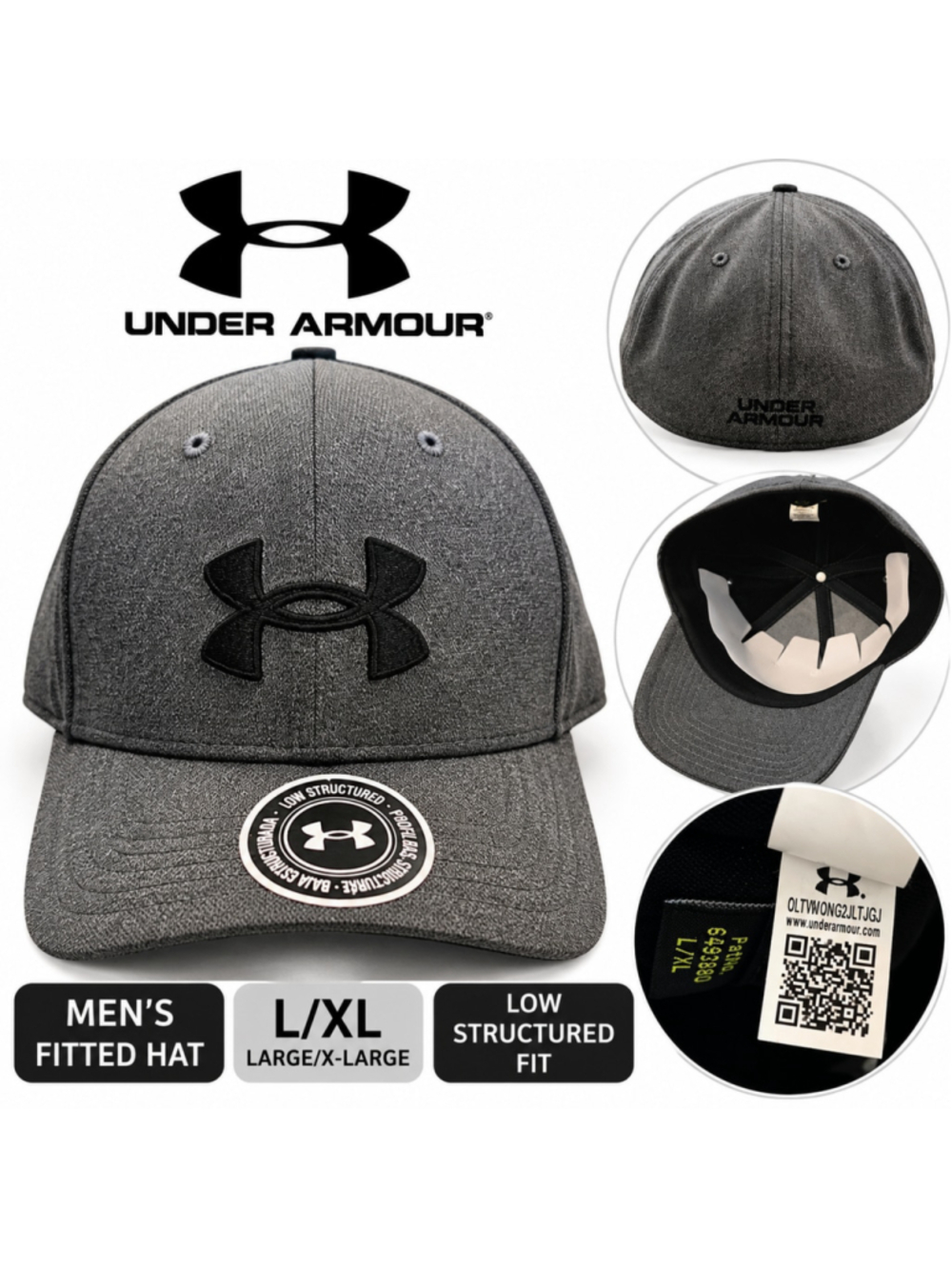 Under Armour Men's L/XL Fitted Hat Gray Black Logo Low Profile Baseball Cap NWOT